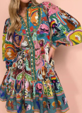 2025 Printed Round Neck Waist Tie Pleated Ruffle Retro Dress