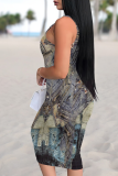 Temperament Casual Printed Sleeveless Suspender Midi Skirt