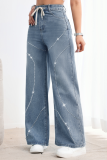 Rhinestone Studs Beads Street Hottie High Waist Straight Jeans