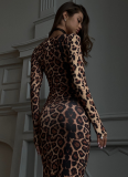 Sexy Round Neck Long Sleeve Slim Fit Hip-hugging One-step Leopard Print Dress