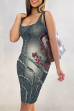 Temperament Casual Printed Sleeveless Suspender Midi Skirt