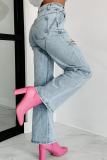 New Chain-strap Ripped Straight Washed Fashion High-waist Jeans