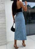 Sexy Buttoned Irregular Slit Denim Skirt