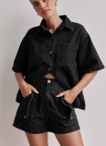 2025 Casual Retro Loose Shirt Denim Shorts Suit