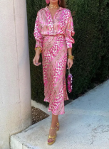 Fashionable Floral Elegant Lapel Long Sleeve Shirt High Waist Skirt Suit