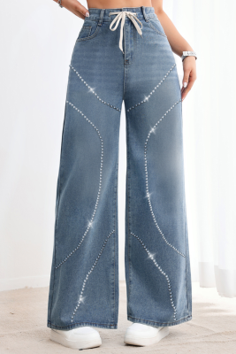 Rhinestone Studs Beads Street Hottie High Waist Straight Jeans