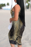 Temperament Casual Printed Sleeveless Suspender Midi Skirt