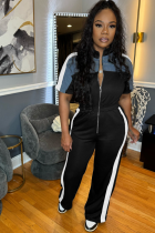 Black Summer New Contrast Color Stand Collar Zipper Denim Stitching Slim Jumpsuit