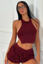 Burgundy Spring And Summer New Sexy Halter Neck Vest Pleated Skirt Two-Piece Suit