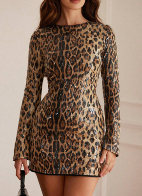 Sexy Round Neck Leopard Print Sequined Long Sleeve Hip-hugging Dress