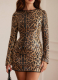 Sexy Round Neck Leopard Print Sequined Long Sleeve Hip-hugging Dress