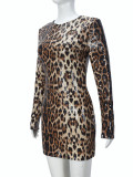 Sexy Round Neck Leopard Print Sequined Long Sleeve Hip-hugging Dress