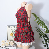 Sexy Hollow Strapless Backless Slim Top Ruffled Zipper Skirt Plaid Suit