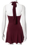 Wine Red Spring And Summer New Solid Color Sexy Halter Neck Dress