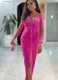 Sexy Hot Diamond See-through Stitching Slit Dress