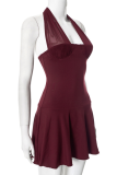 Wine Red Spring And Summer New Solid Color Sexy Halter Neck Dress