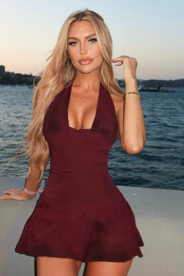 Wine Red Spring And Summer New Solid Color Sexy Halter Neck Dress