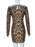 Sexy Round Neck Leopard Print Sequined Long Sleeve Hip-hugging Dress