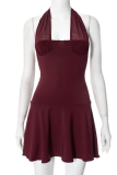Wine Red Spring And Summer New Solid Color Sexy Halter Neck Dress