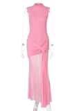 Pink Mesh Stitching Half High Collar Sleeveless Fashionable Dress