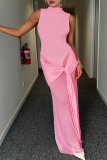 Pink Mesh Stitching Half High Collar Sleeveless Fashionable Dress