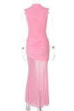 Pink Mesh Stitching Half High Collar Sleeveless Fashionable Dress