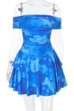 Off-The-Shoulder Printed Pleated Spring And Summer Dress