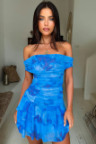 Off-The-Shoulder Printed Pleated Spring And Summer Dress