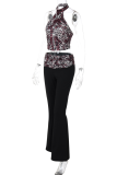 Summer New Leopard Print Sleeveless Halter Neck Vest Spliced ​​Flared Trousers Two-Piece Set