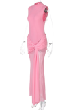 Pink Mesh Stitching Half High Collar Sleeveless Fashionable Dress
