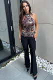Summer New Leopard Print Sleeveless Halter Neck Vest Spliced ​​Flared Trousers Two-Piece Set