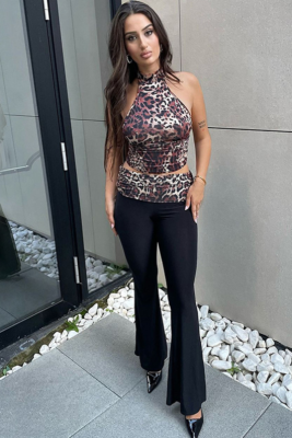 Summer New Leopard Print Sleeveless Halter Neck Vest Spliced ​​Flared Trousers Two-Piece Set