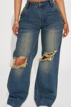 Dark Blue Ripped Vintage Street Straight Jeans Worn Washed Jeans
