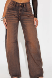 Brown Stretch Wide Leg Street Washed Jeans