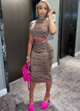 Sexy Printed Navel-baring Short-sleeved Skirt Suit