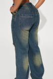 Dark Blue Ripped Vintage Street Straight Jeans Worn Washed Jeans