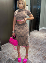 Sexy Printed Navel-baring Short-sleeved Skirt Suit