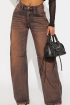 Brown Stretch Wide Leg Street Washed Jeans