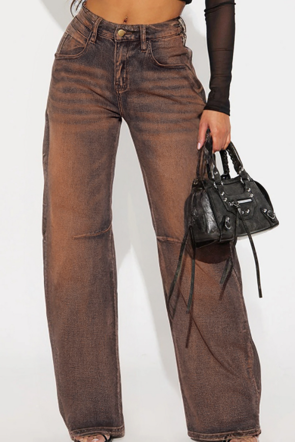 Brown Stretch Wide Leg Street Washed Jeans