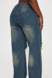 Dark Blue Ripped Vintage Street Straight Jeans Worn Washed Jeans