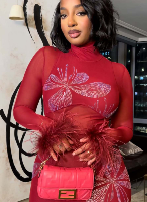 Sexy Printed Mesh See-through Fur Patchwork Slim Fit Hip-hugging Dress