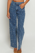 Blue Beaded Elegant Raw Edge Straight Washed Fashionable Jeans