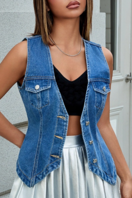 Blue New Slim Sexy Hot Girl Style Denim Top Sleeveless Washed Denim Vest