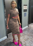 Sexy Printed Navel-baring Short-sleeved Skirt Suit