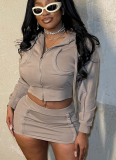 Casual Zipper Hot Girl Long-sleeved Jacket Hip-covering Short Skirt Suit