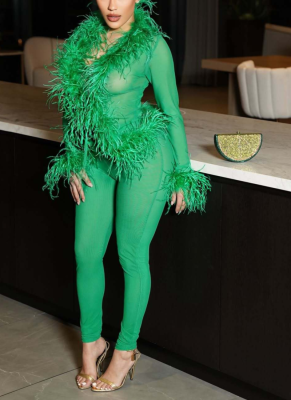 Fashionable Fur Collar Lace-up Top and Tight Stretch Pants Suit