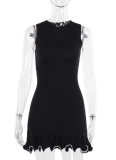 Black Round Neck Sleeveless Slim Fit Ruffle Hem Slim Dress