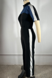 Denim Colorblock Stand Collar Short Sleeve Long Zipper Jumpsuit