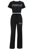 Black Stylish Elegant Round Neck Short Top Trousers Casual Two-Piece Suit