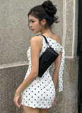 New Spring White Polka Dot Print Diagonal Collar Shoulder Strap Slim Bag Hip Dress